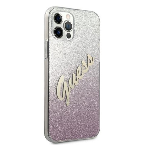 Etui na telefon iPhone 12 Pro Max Guess różowy Glitter Gradient Script