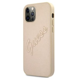 Etui na telefon iPhone 12 Pro Max Guess Saffiano Vintage Script złoty