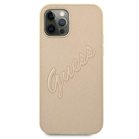 Etui na telefon iPhone 12 Pro Max Guess Saffiano Vintage Script złoty