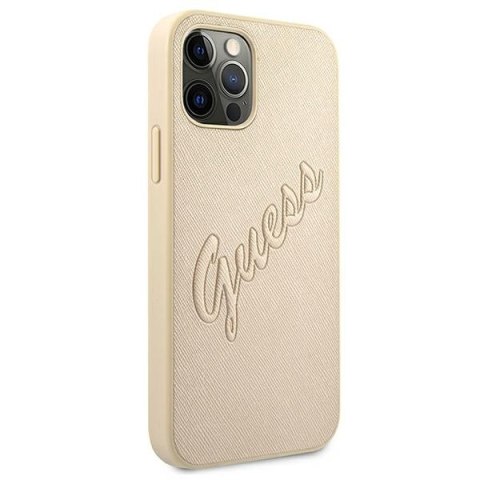 Etui na telefon iPhone 12 Pro Max Guess Saffiano Vintage Script złoty