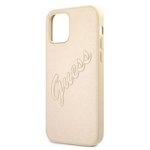 Etui na telefon iPhone 12 Pro Max Guess Saffiano Vintage Script złoty