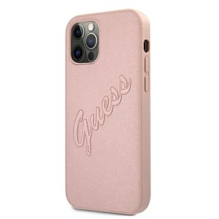 Etui na telefon iPhone 12 Pro Max Guess Różowy Saffiano Vintage Script