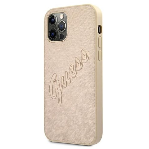 Etui na telefon iPhone 12/12 Pro Guess Saffiano Vintage Script złoty