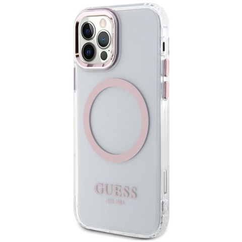 Etui na telefon iPhone 12/12 Pro Guess Metal Outline MagSafe różowe