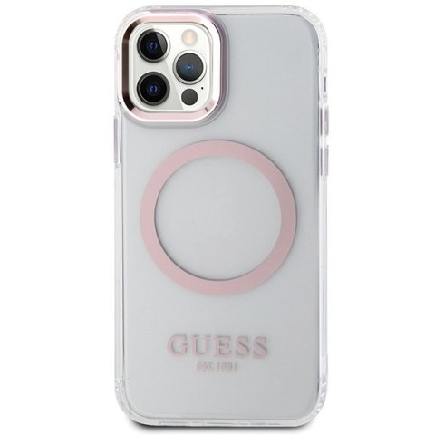 Etui na telefon iPhone 12/12 Pro Guess Metal Outline MagSafe różowe