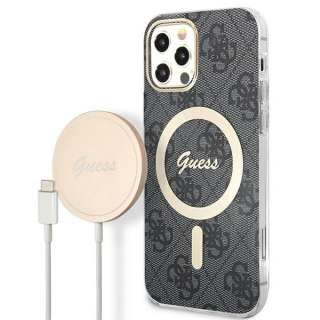 Zestaw etui + ładowarka bezprzewodowa Apple iPhone 12 / 12 Pro Guess 4G Print MagSafe czarny