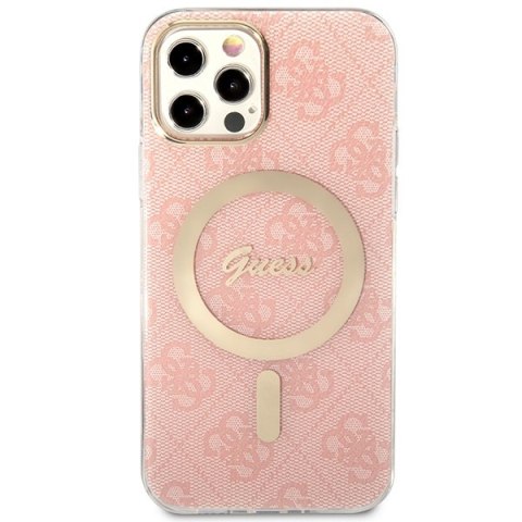 Zestaw etui + ładowarka bezprzewodowa Apple iPhone 12 / 12 Pro Guess 4G Print MagSafe różowy