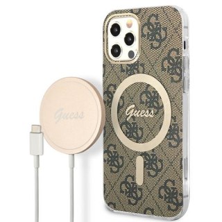 Zestaw etui + ładowarka bezprzewodowa Apple iPhone 12 / 12 Pro Guess 4G Print MagSafe brązowy