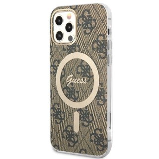 Zestaw etui + ładowarka bezprzewodowa Apple iPhone 12 / 12 Pro Guess 4G Print MagSafe brązowy