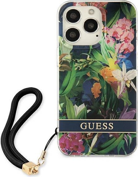 Etui na telefon iPhone 13 Pro Max Guess niebieskie hardcase Flower Strap