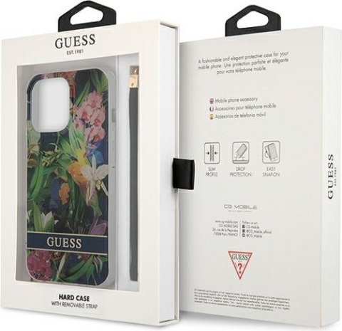 Etui na telefon iPhone 13 Pro Max Guess niebieskie hardcase Flower Strap