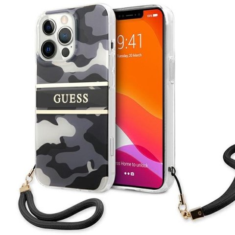 Etui na telefon iPhone 13 Pro Max Guess czarne hardcase Camo Strap