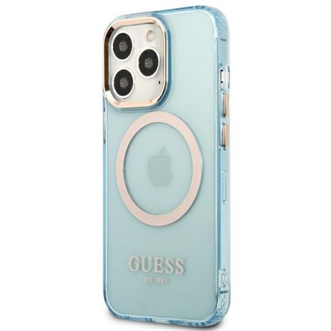 Etui na telefon iPhone 13 Pro Max Guess Gold Outline MagSafe niebieskie