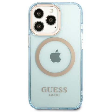 Etui na telefon iPhone 13 Pro Max Guess Gold Outline MagSafe niebieskie