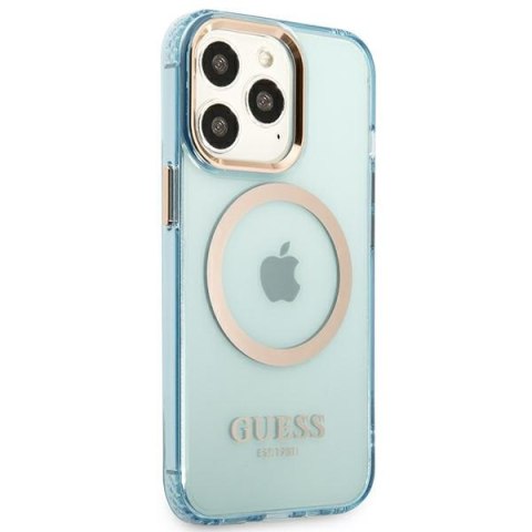 Etui na telefon iPhone 13 Pro Max Guess Gold Outline MagSafe niebieskie