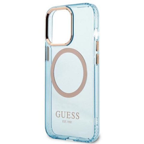 Etui na telefon iPhone 13 Pro Max Guess Gold Outline MagSafe niebieskie