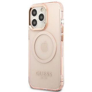 Etui na telefon iPhone 13 Pro Max Guess Gold Outline MagSafe różowe