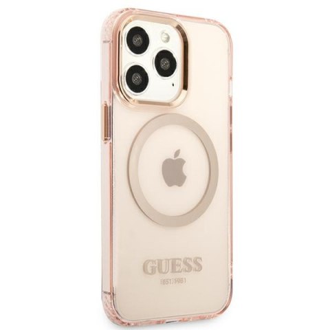 Etui iPhone 13 Pro Max Guess Gold Outline Translucent MagSafe różowe