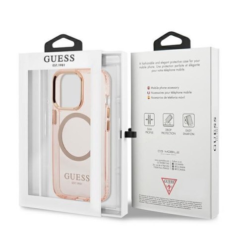 Etui iPhone 13 Pro Max Guess Gold Outline Translucent MagSafe różowe