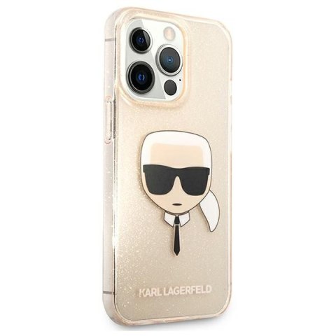 Etui na telefon iPhone 13 Pro Karl Lagerfeld złote Glitter Karl's Head