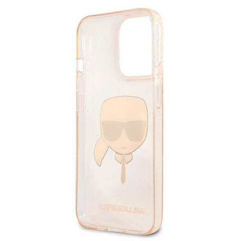 Etui na telefon iPhone 13 Pro Karl Lagerfeld złote Glitter Karl's Head