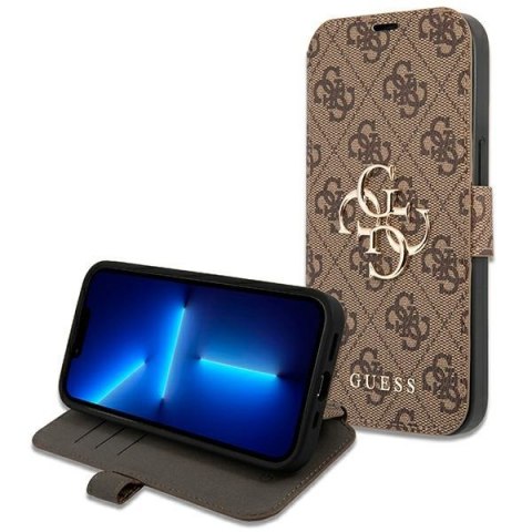 Etui na telefon iPhone 13 Pro Guess brązowy book z metalowym logo