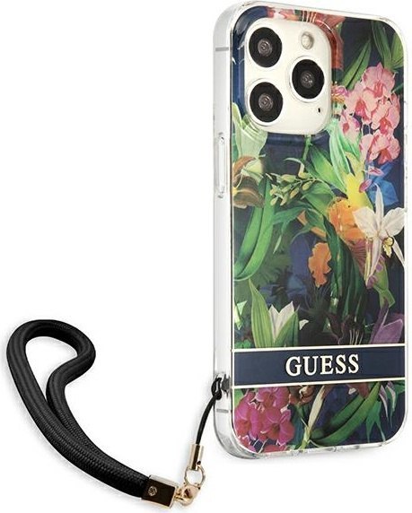 Etui na telefon iPhone 13 Pro Guess niebieski hardcase Flower Strap