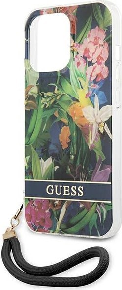 Etui na telefon iPhone 13 Pro Guess niebieski hardcase Flower Strap