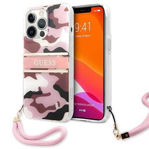 Etui na telefon iPhone 13 Pro Guess różowy hardcase Camo Strap Collection