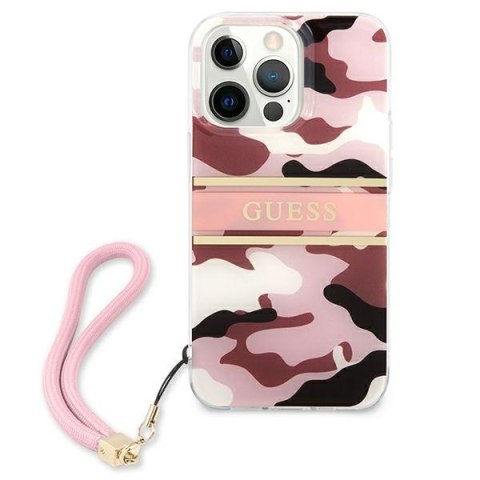 Etui na telefon iPhone 13 Pro Guess różowy hardcase Camo Strap Collection