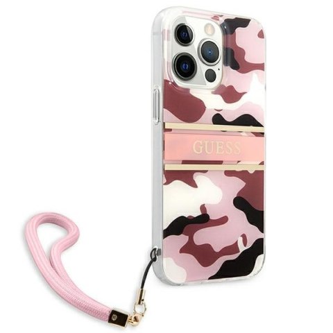 Etui na telefon iPhone 13 Pro Guess różowy hardcase Camo Strap Collection