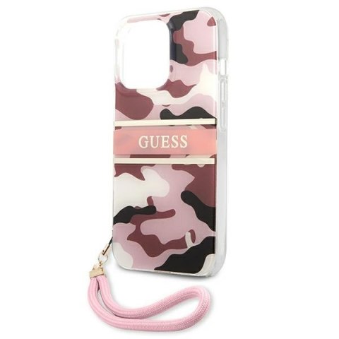 Etui na telefon iPhone 13 Pro Guess różowy hardcase Camo Strap Collection