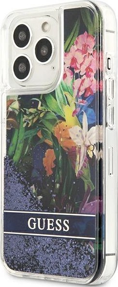 Etui na telefon iPhone 13 Pro Guess Flower Liquid Glitter niebieskie