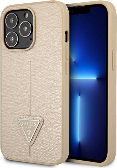 Etui na telefon iPhone 13 Pro Guess Saffiano Triangle Logo beżowy