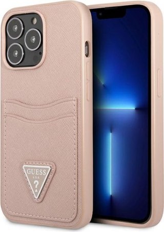 Etui na telefon iPhone 13 Pro Guess różowe hardcase Saffiano z slotem na karty