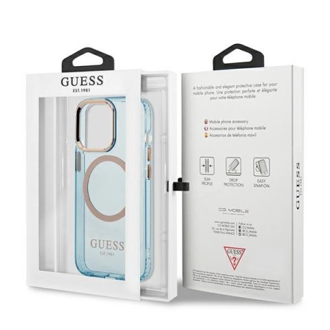 Etui iPhone 13 Pro Guess Gold Outline Translucent MagSafe niebieskie