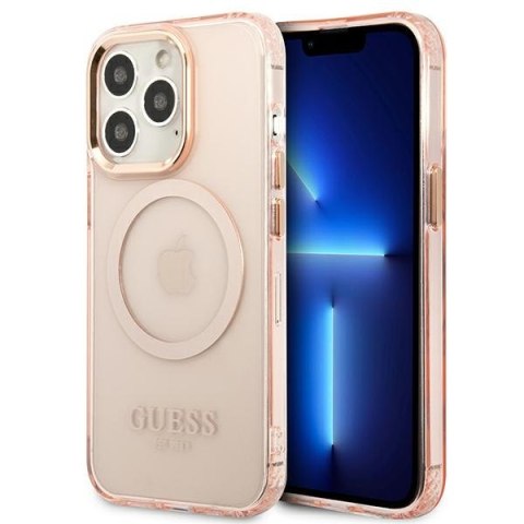 Etui na telefon iPhone 13 Pro Guess Gold Outline MagSafe różowe