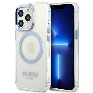 Etui na telefon iPhone 13 Pro Guess Metal Outline MagSafe niebieskie