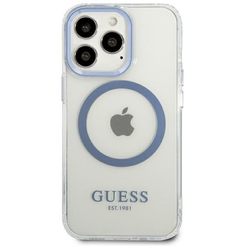 Etui na telefon iPhone 13 Pro Guess Metal Outline MagSafe niebieskie