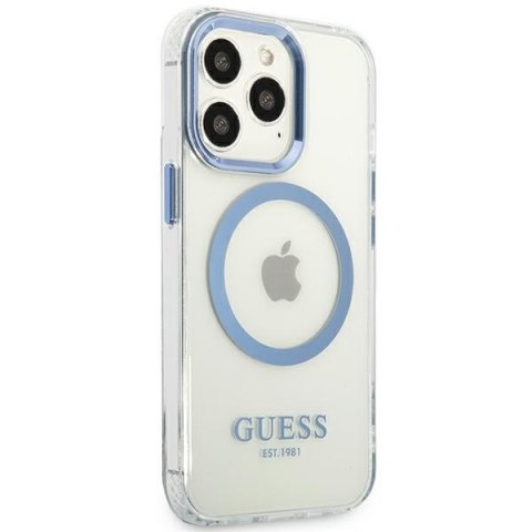 Etui na telefon iPhone 13 Pro Guess Metal Outline MagSafe niebieskie