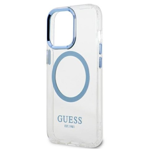 Etui na telefon iPhone 13 Pro Guess Metal Outline MagSafe niebieskie