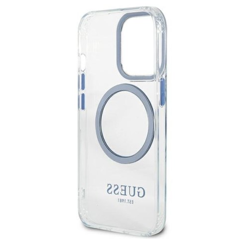 Etui na telefon iPhone 13 Pro Guess Metal Outline MagSafe niebieskie