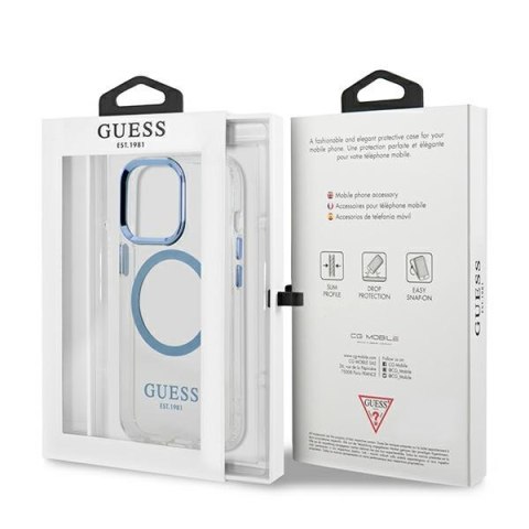 Etui na telefon iPhone 13 Pro Guess Metal Outline MagSafe niebieskie