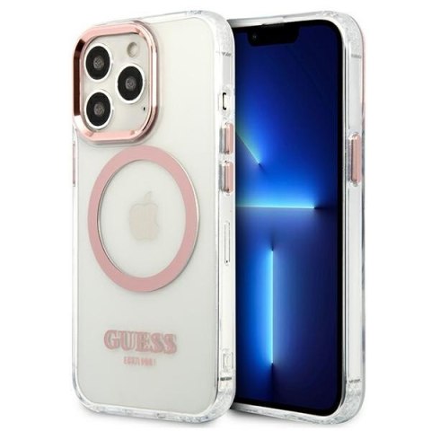 Etui na telefon iPhone 13 Pro Guess Metal Outline MagSafe różowe