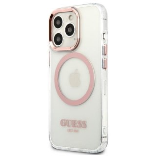 Etui na telefon iPhone 13 Pro Guess Metal Outline MagSafe różowe