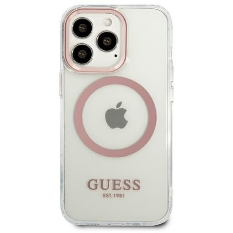 Etui na telefon iPhone 13 Pro Guess Metal Outline MagSafe różowe