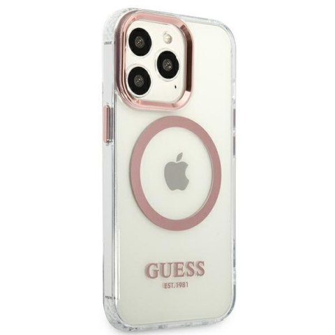 Etui na telefon iPhone 13 Pro Guess Metal Outline MagSafe różowe