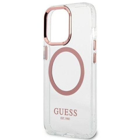 Etui na telefon iPhone 13 Pro Guess Metal Outline MagSafe różowe