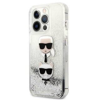 Etui iPhone 13 Pro Karl Lagerfeld srebrne Liquid Glitter Karl&Choupette Head