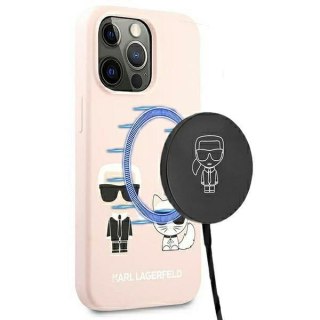 Etui iPhone 13 Pro Karl Lagerfeld jasnoróżowe hardcase Silicone Ikonik Karl & Choupette MagSafe